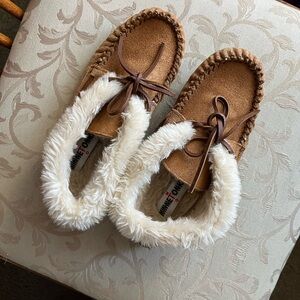 Brown Moccasin Slippers with Faux Fur Lining
